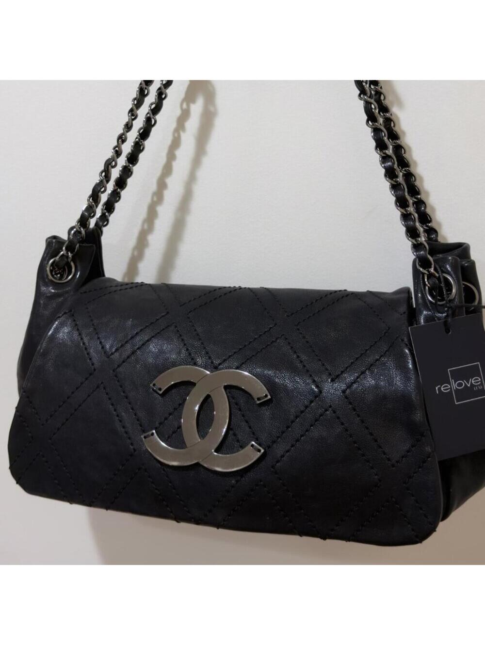 CHANEL - Vintage Double Diamond Stitch Shoulder Bag, Black/Silver